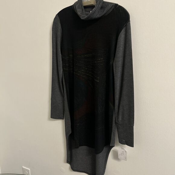 GO Couture Black Gray Cowl Neck Tunic Dress Long Sleeve Hi Lo Women’s Large NWT - Picture 2 of 8